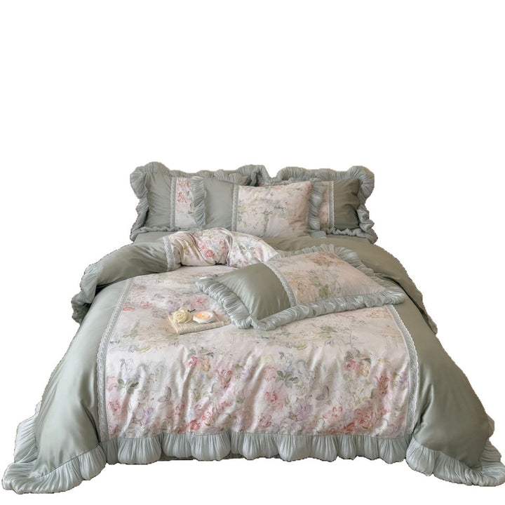 Bedding complete set with ruffle, lace applique, and floral watercolor print