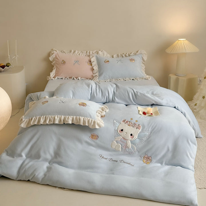 Princess Bunny Embroidered Ruffled Velvet Comforter Duvet Set