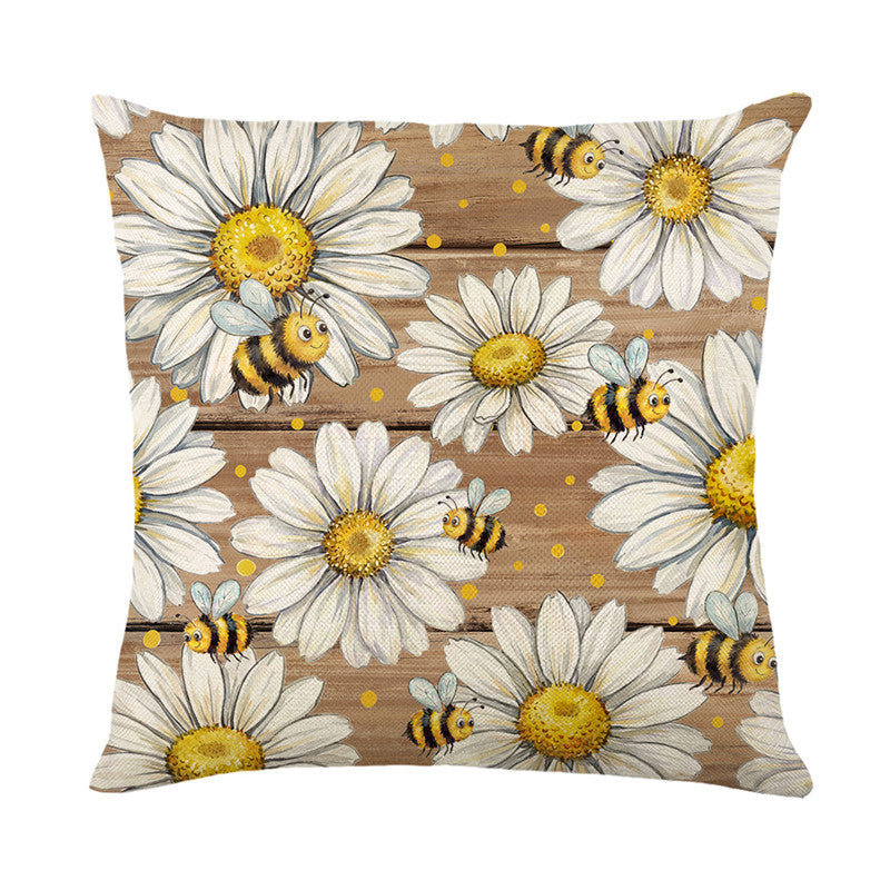 Hand-Painted Daisy and Bumblebee Rustic Wood-Print Cotton-Linen Cushion Cover