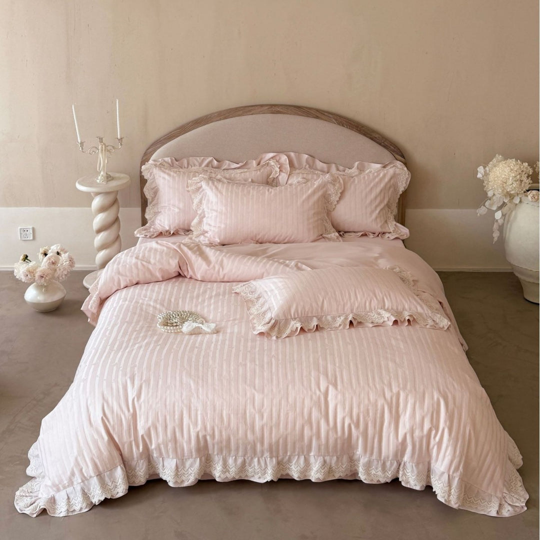 Ruffled Lace-Trim Cotton Sateen Duvet Cover Set