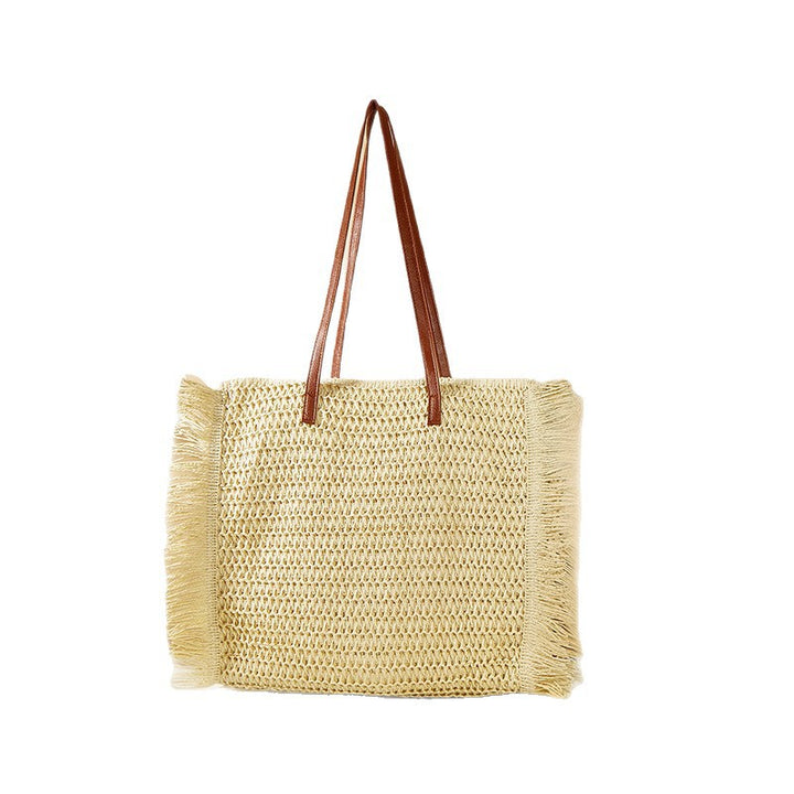 Large Woven Beach Bag with Fringes and Leather Handles Stornfield
