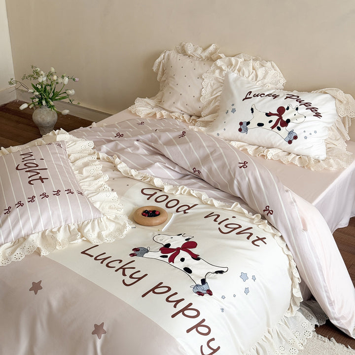 Ruffled Cotton Duvet Cover Set with Puppy Print and Eyelet Lace Trim