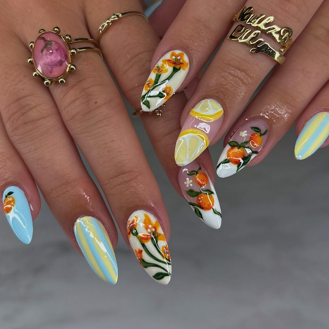 Artistic Citrus-Themed Press-On Nail Art Stornfield
