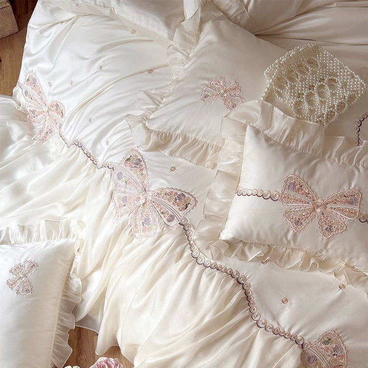 Ruffled Embroidered Bow Duvet Cover Set with Pleated Bed Skirt