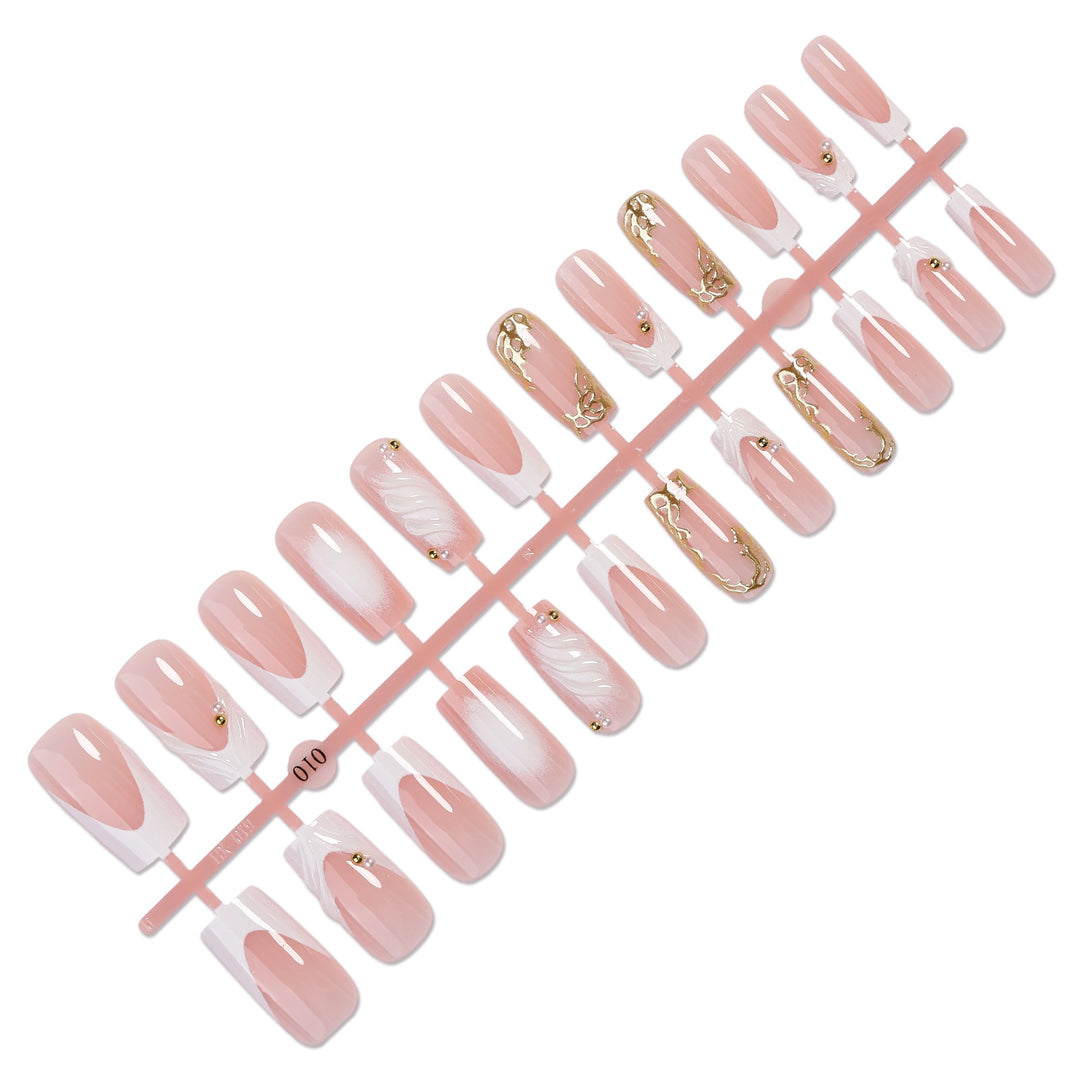 Decorative Press-On Nail Art Set with Elegant Gold Accents Stornfield