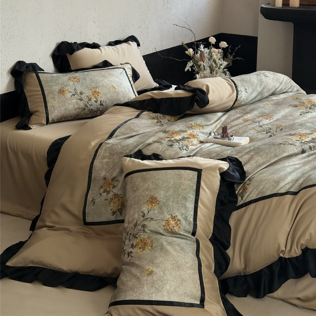 Luxury Ruffled Satin Floral Duvet Cover Set with Pillow Shams