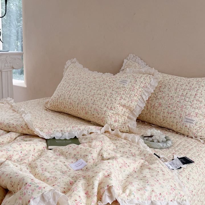 Quilted Floral Ruffled Bedding Set with Eyelet Lace Trim