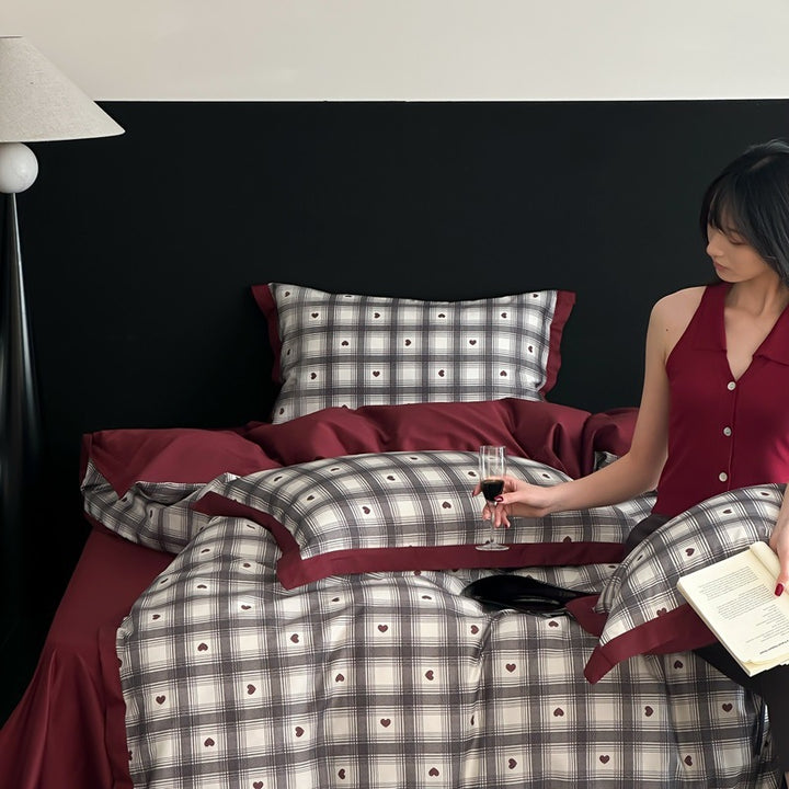 Plaid Brushed Cotton Duvet Cover Set with Contrast Border & Envelope Shams