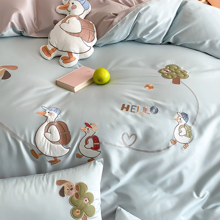 Children's Cartoon Goose Embroidered Cotton Sateen Duvet Cover Set