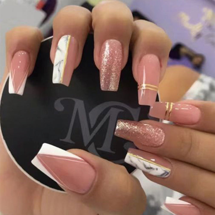 Exquisite artificial nails with elegant glitter and marble pattern Stornfield