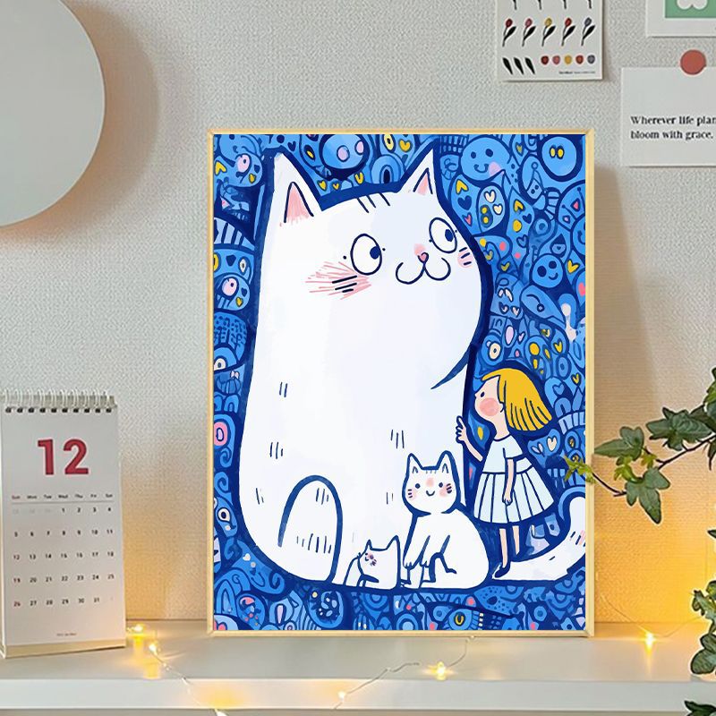 Playful Cat and Girl Illustration Canvas Art Stornfield