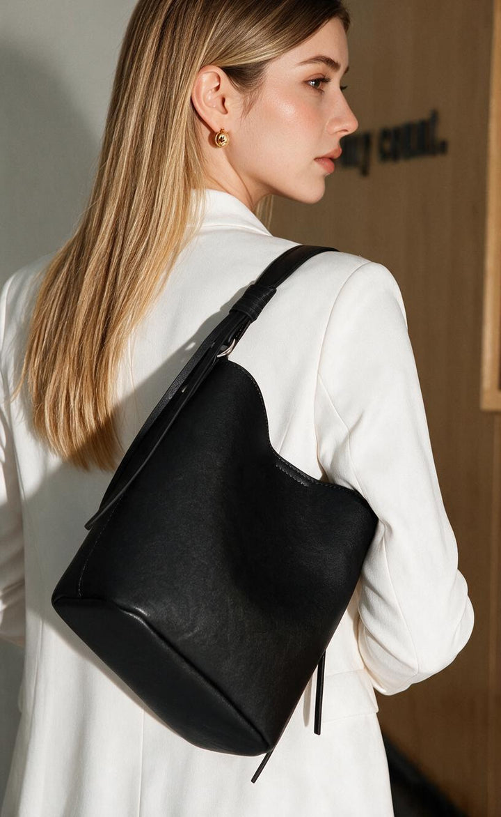 Structured Leather Shoulder Bucket Bag with Knotted Strap