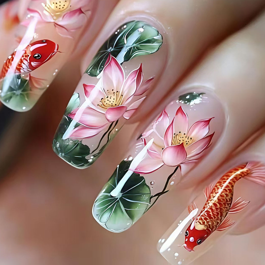 Artificial nails with floral lotus elements and koi pattern Stornfield