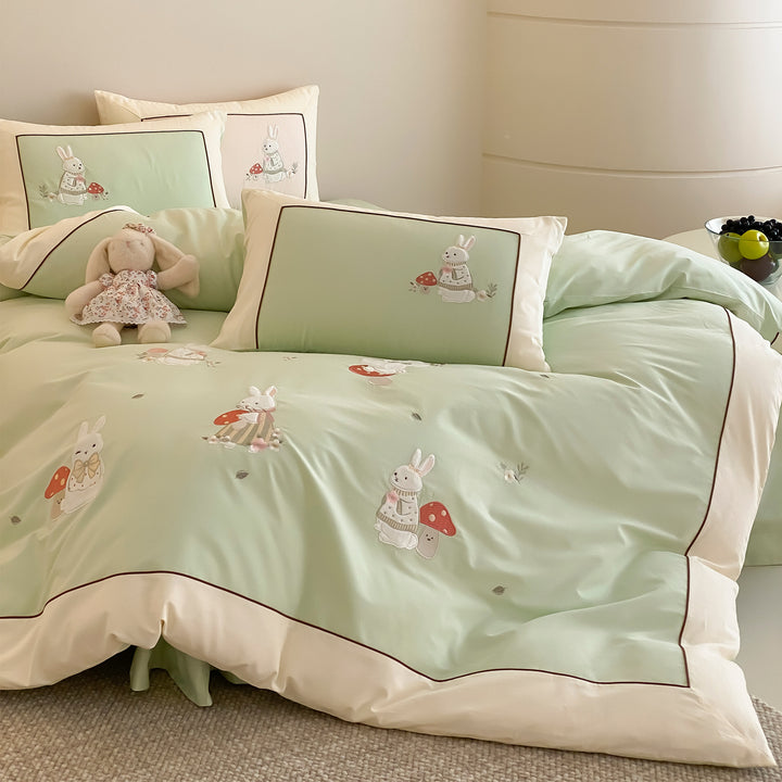 Embroidered Cotton Sateen Bunny and Mushroom Duvet Cover Set with Contrast Piping