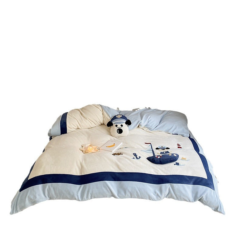 Children's bedding set with maritime embroidery and quilted bedspread