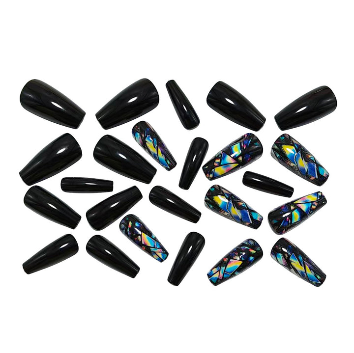 Trendy artificial nails with holographic geometric patterns Stornfield