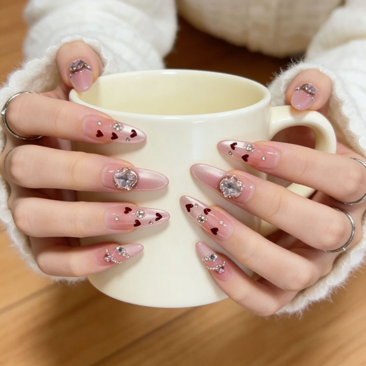 Decorative Press-On Nail Art with Heart and Gem Accents Stornfield