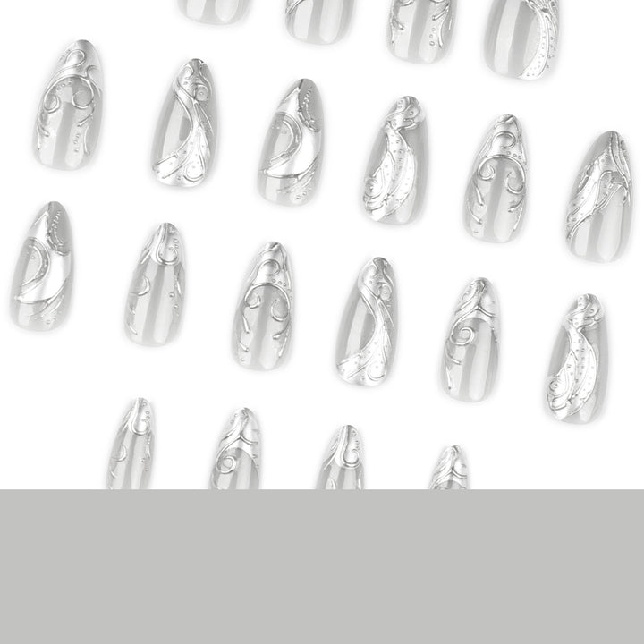 Artistic stiletto nails with elegant silver design Stornfield