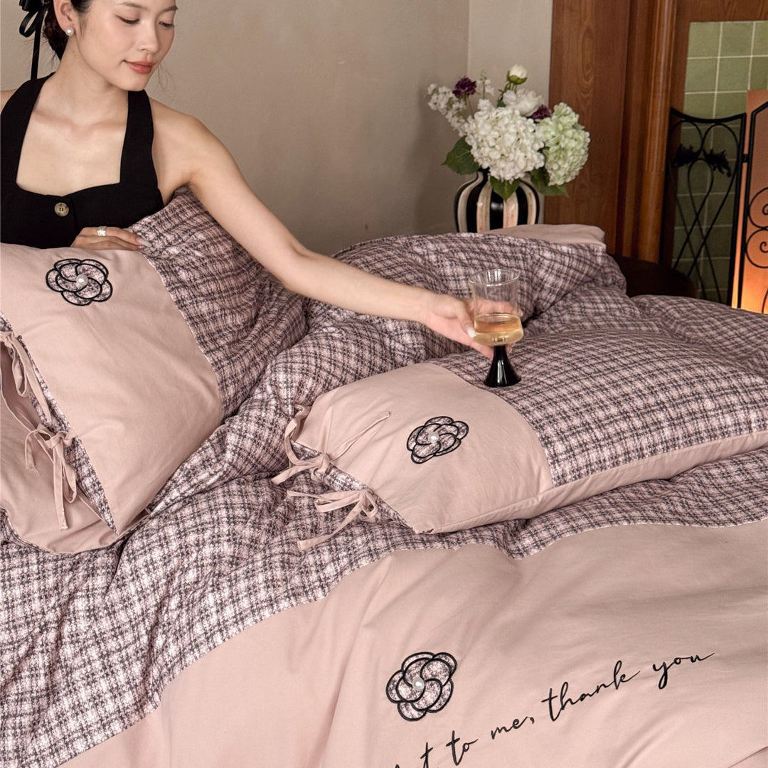 Reversible Plaid Cotton Sateen Duvet Cover Set with Embroidered Floral Appliqué & Tie Closures