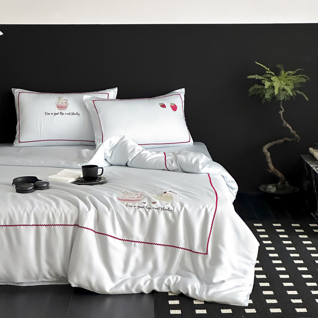 Silky Embroidered Rabbit-Motif Duvet Cover Set with Pillowcases