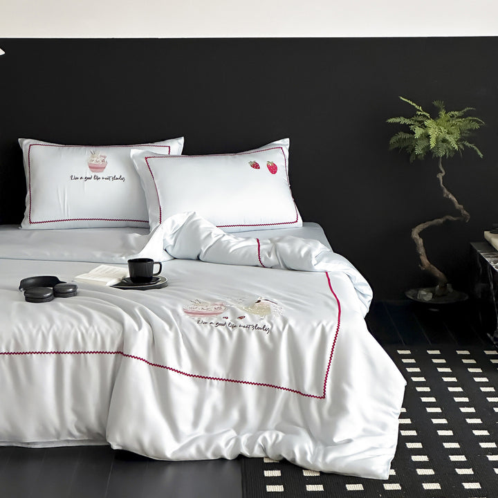 Silky Embroidered Rabbit-Motif Duvet Cover Set with Pillowcases