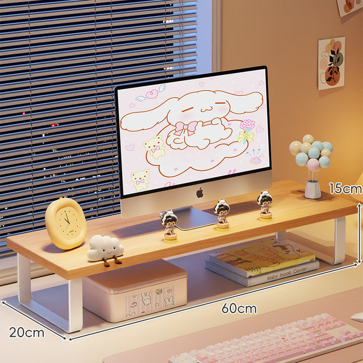 Elevated Monitor Riser Stand with Wood-Effect Top Metal Frame and Under-Shelf Storage
