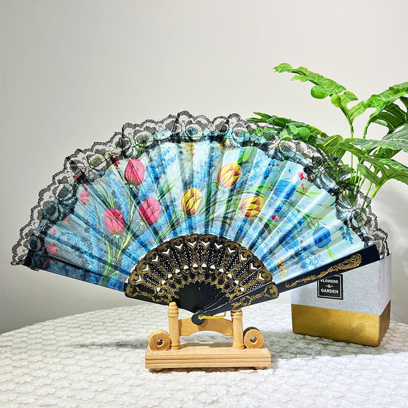 Ladies Elegant Hand Fan with Floral Design and Lace Edges Stornfield