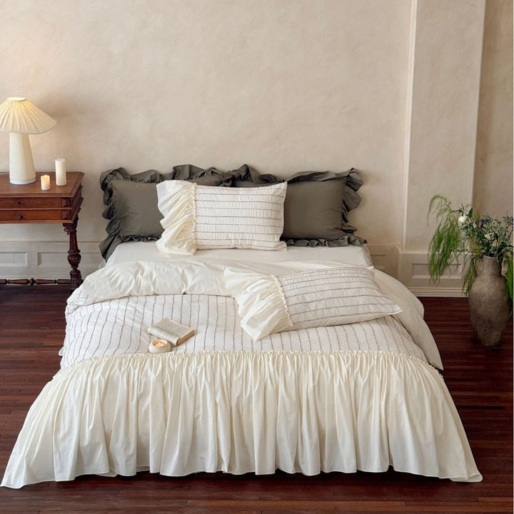 Ruffled Gathered Duvet Cover Set with Pleated Accent Pillowcases and Skirted Hem