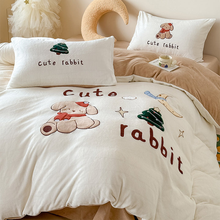 Plush Embroidered Duvet Cover Set with Rabbit Appliqué & Decorative Pillow Shams