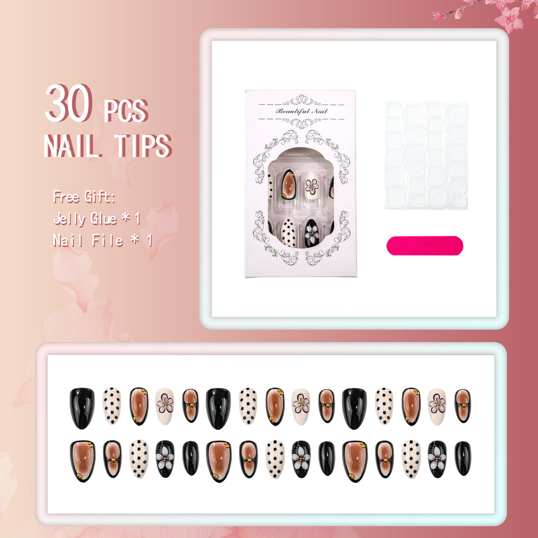 Artistic Press-On Nail Set with Floral and Polka Dot Designs