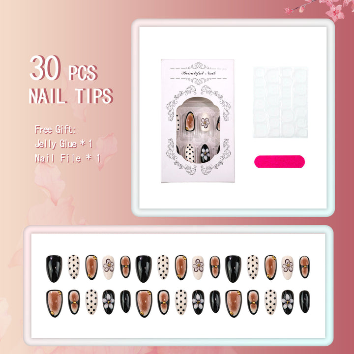 Artistic Press-On Nail Set with Floral and Polka Dot Designs