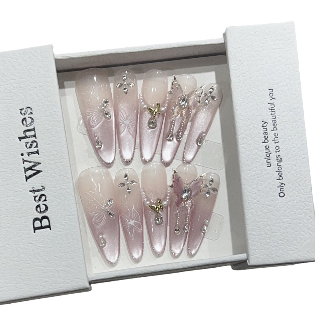 Artistic Stiletto Press-On Nail Design Set with Butterfly and Gemstone Accents Stornfield