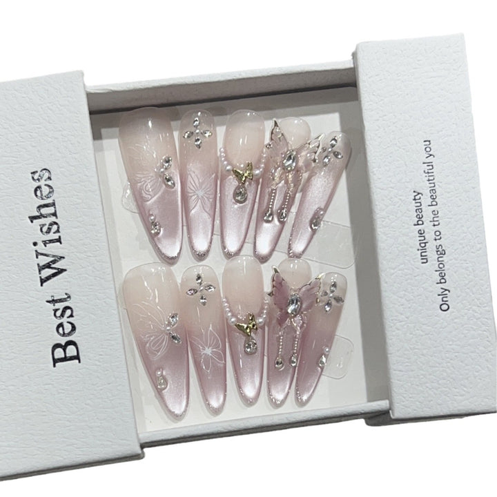 Artistic Stiletto Press-On Nail Design Set with Butterfly and Gemstone Accents Stornfield