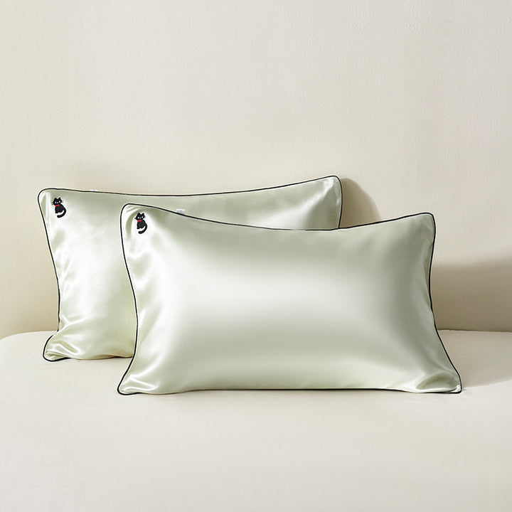 Silky Satin Pillowcase Pair with Contrasting Piping and Corner Cat Embroidery