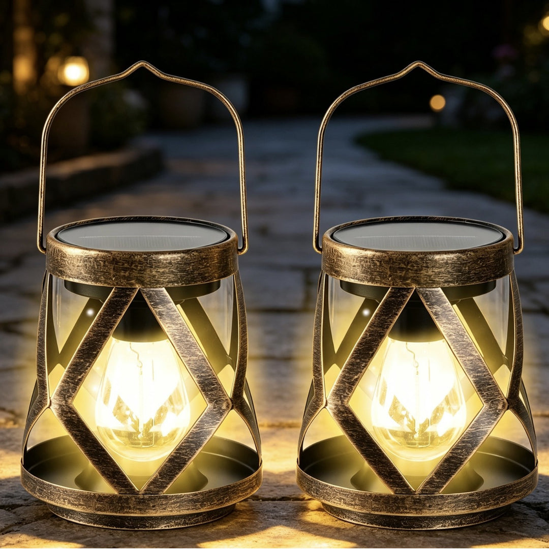 Portable Antique-Style Solar LED Lantern Pair With Built-In Solar Panel Hanging Handle And Weatherproof Metal Lattice Frame Stornfield