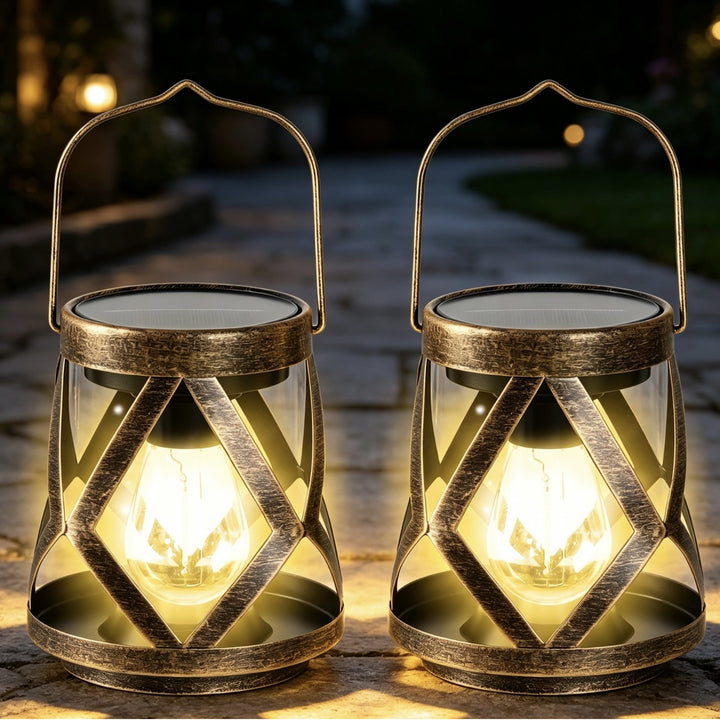 Portable Antique-Style Solar LED Lantern Pair With Built-In Solar Panel Hanging Handle And Weatherproof Metal Lattice Frame Stornfield