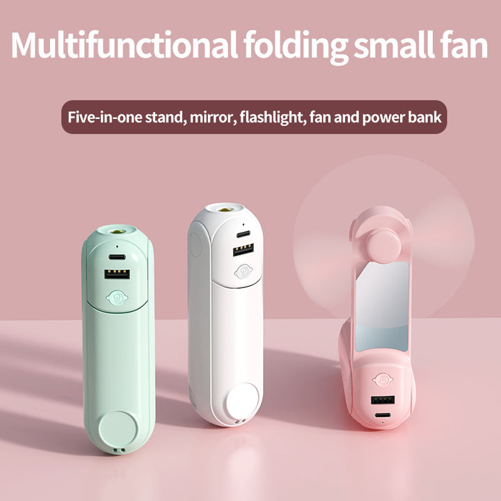 Unisex nan foldable handheld fan with built in USB power bank and compact mirror Stornfield