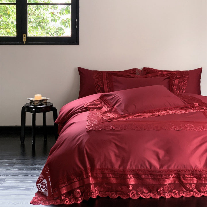 Extravagant satin bedding set with lace appliqué and pillowcases