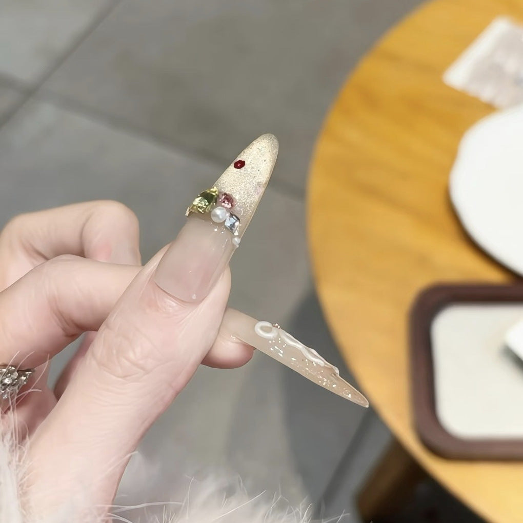 Artistic Crystal-Embellished Stiletto Nail Extensions