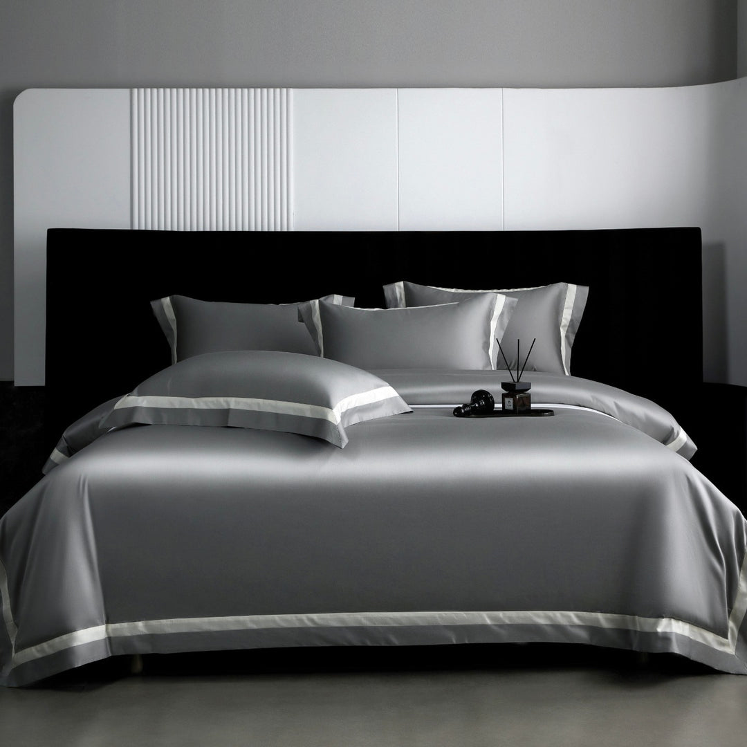 Luxury Cotton Sateen Duvet Cover Set with Contrasting Hem and Border Pillow Shams