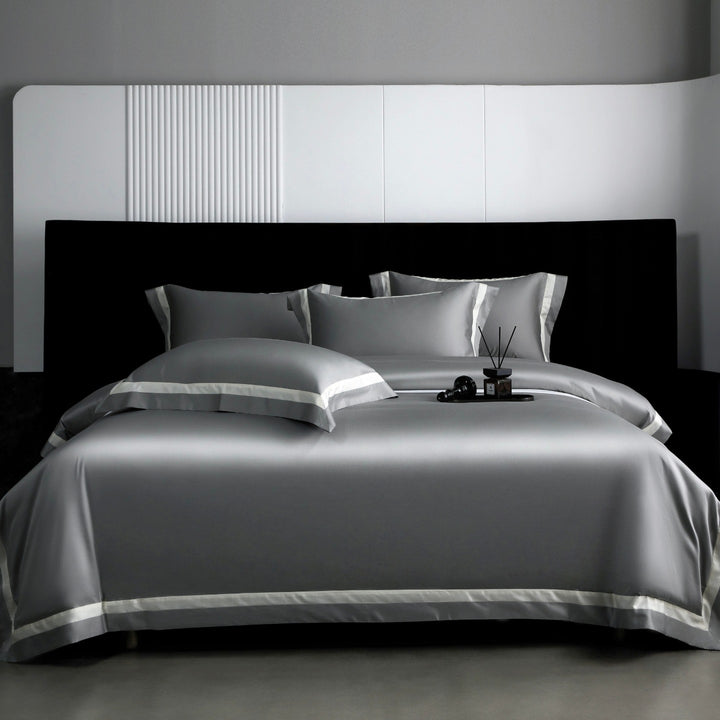 Luxury Cotton Sateen Duvet Cover Set with Contrasting Hem and Border Pillow Shams