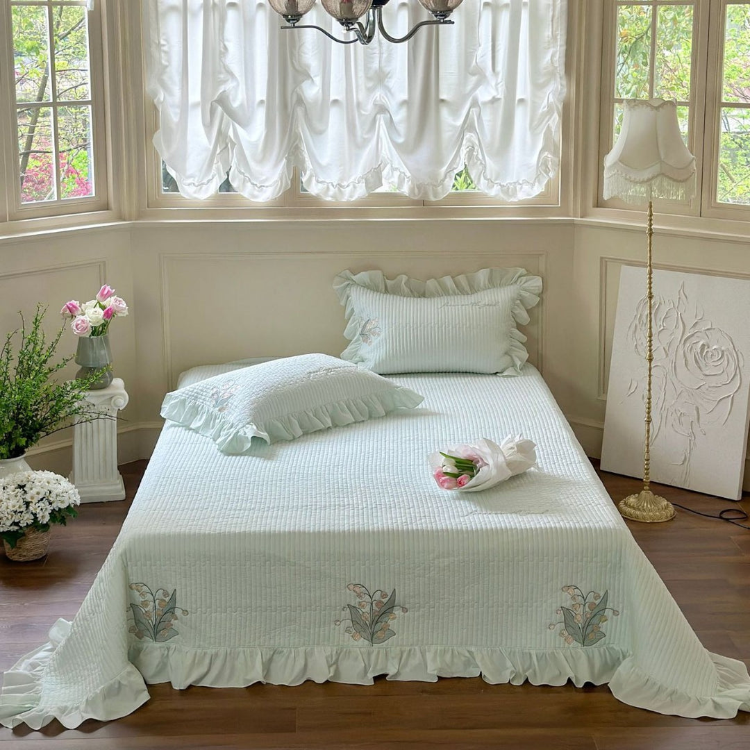 Ruffled Quilted Bedspread Ensemble with Euro Sham, Round Ruffle Accent Pillow & Embroidered Detail