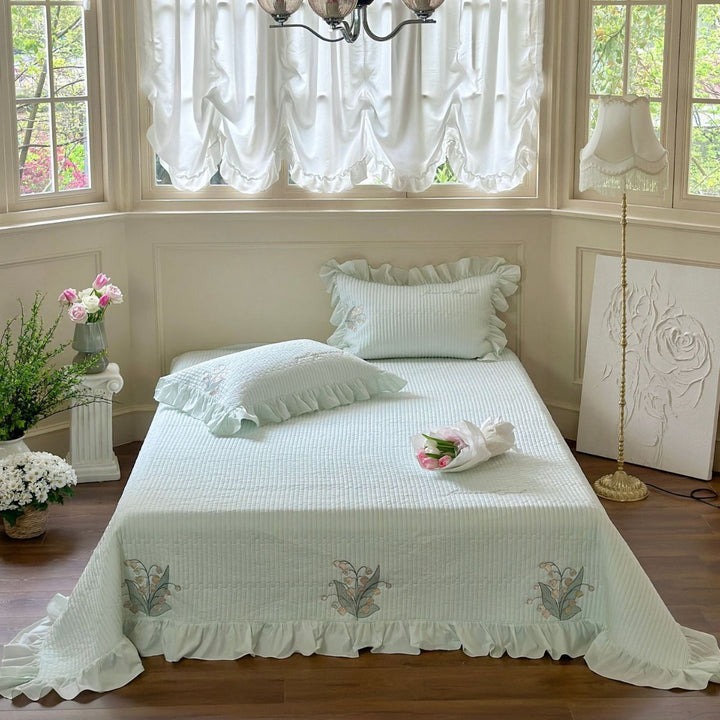 Ruffled Quilted Bedspread Ensemble with Euro Sham, Round Ruffle Accent Pillow & Embroidered Detail