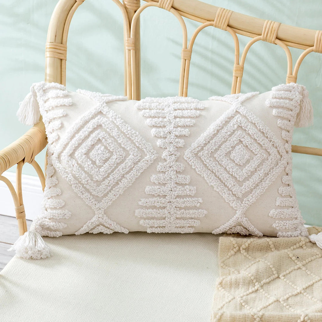Square Boho pillow cover with hand-tufted diamond tufting, high-pile chenille relief, and corner tassels Stornfield
