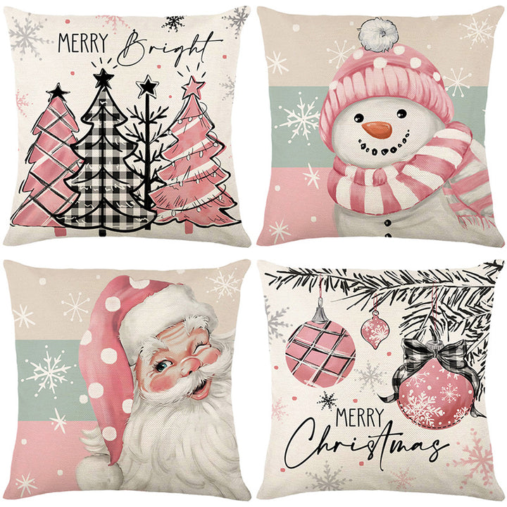 Square Cotton-Linen Snowman Accent Pillow Cover with Pink Striped Beanie and Scarf Print