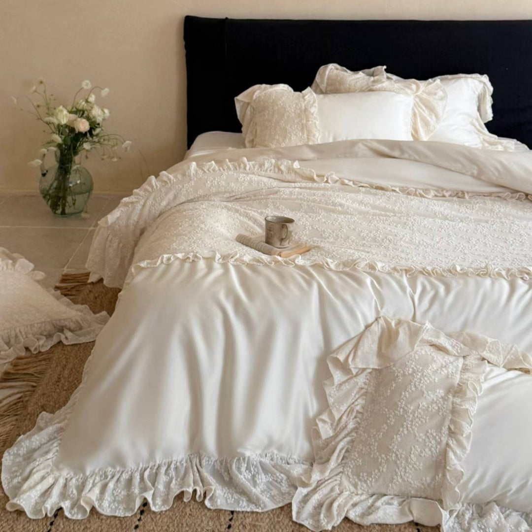 Luxurious Ruffled Lace Embroidered Duvet Cover Set with Satin Sheet