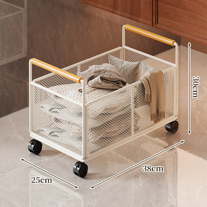 Low-Profile Metal Mesh Storage Crate with Dual Wood-Accent Handles for Blankets and Towels