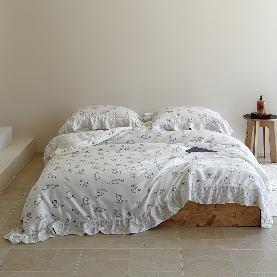 Ruffled Cotton Duvet Cover and Bed Skirt Set with Playful Bunny Print