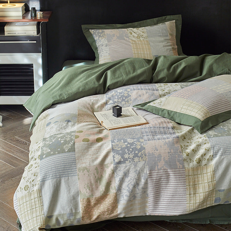 Reversible Cotton Sateen Duvet Cover Set with Patchwork Accent Pillowcases