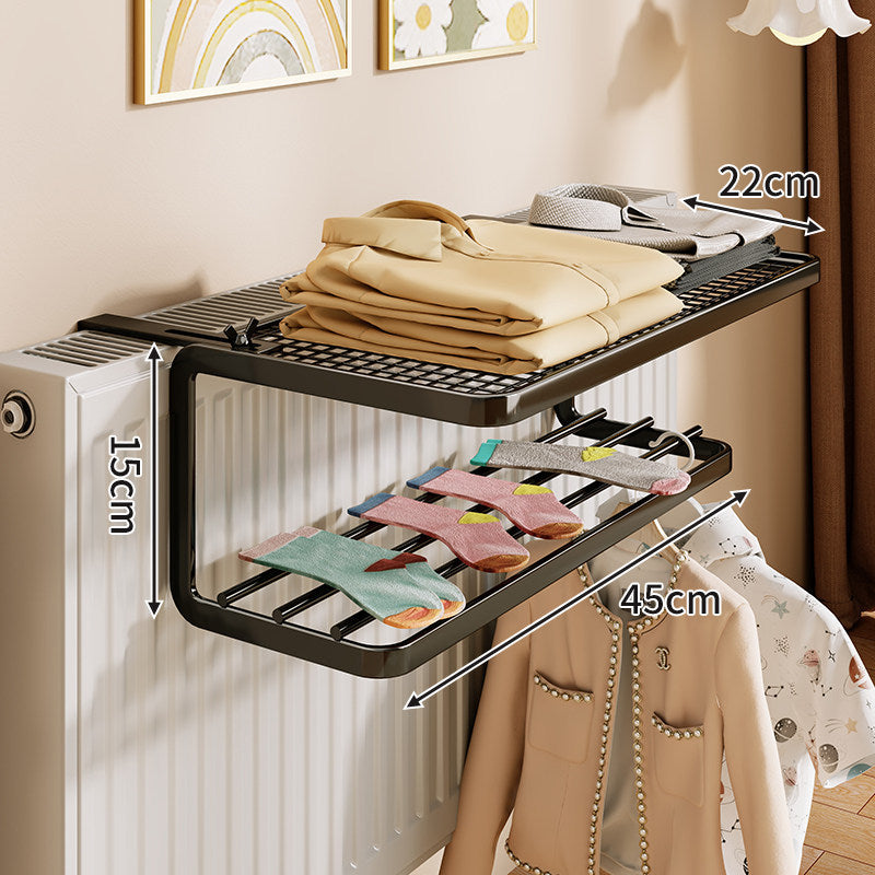 Radiator-Mounted Heated Drying Shelf with Foldable Hanging Bars